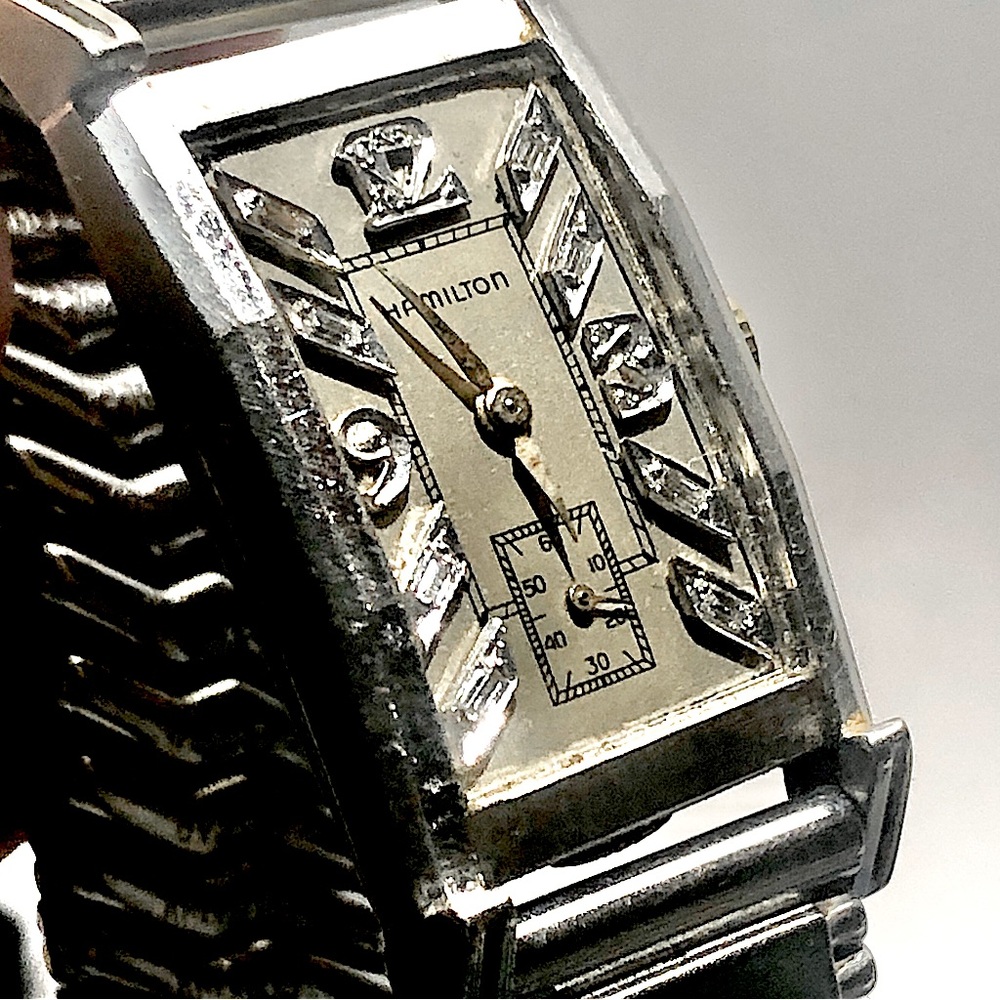 HAMILTON 1940’s 14k Art Deco Diamond Rectangular Tuxedo Watch White Gold - Picture 3 of 16